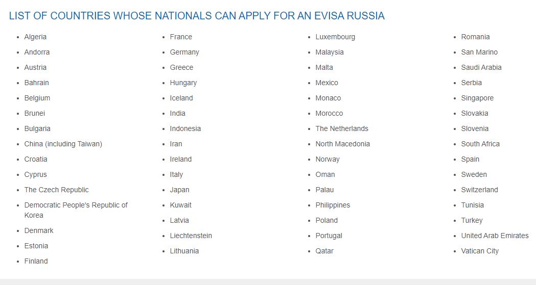 danh sách 52 quốc gia được phép xin visa điện tử Nga