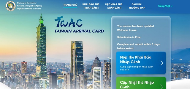 Website khai bao thẻ nhập cảnh Đài Loan điện tử