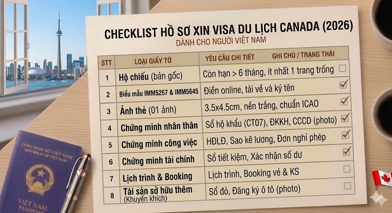 Danh sách hồ sơ xin visa du lịch Canada