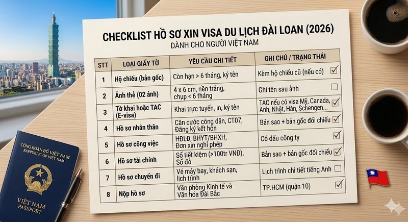 Danh sách Hồ sơ xin visa du lịch Đài Loan