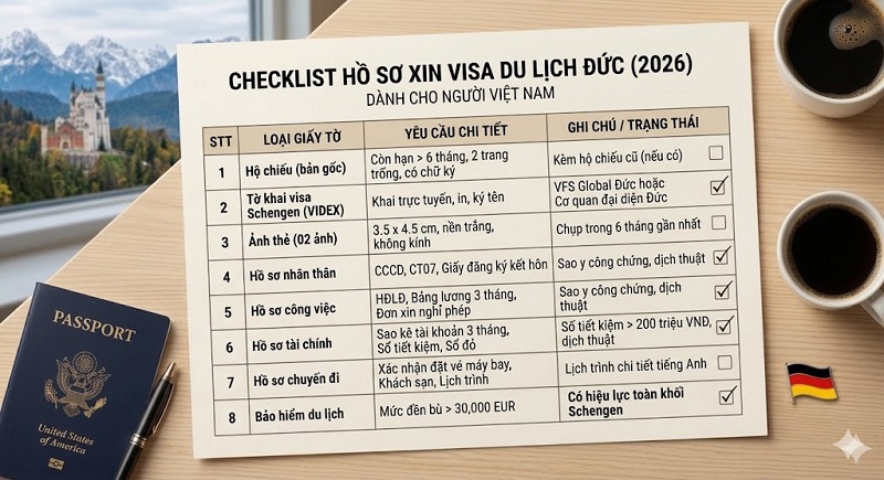 Danh sách giấy tờ cho hồ sơ xin visa du lịch Đức