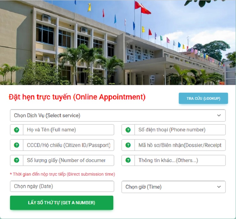 Giao diện website đặt lịch hẹn tại Sở Ngoại Vụ TPHCM