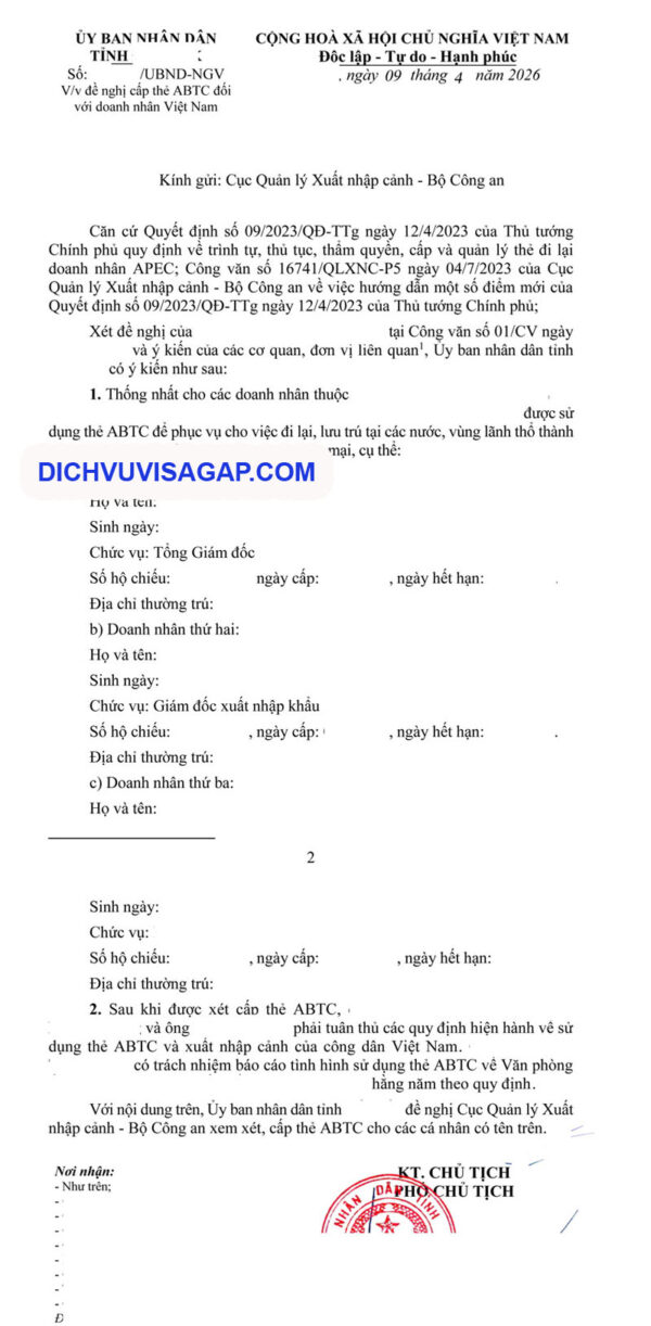 Mẫu công văn chấp thuận sử dụng thẻ ABTC cho doanh nghiệp
